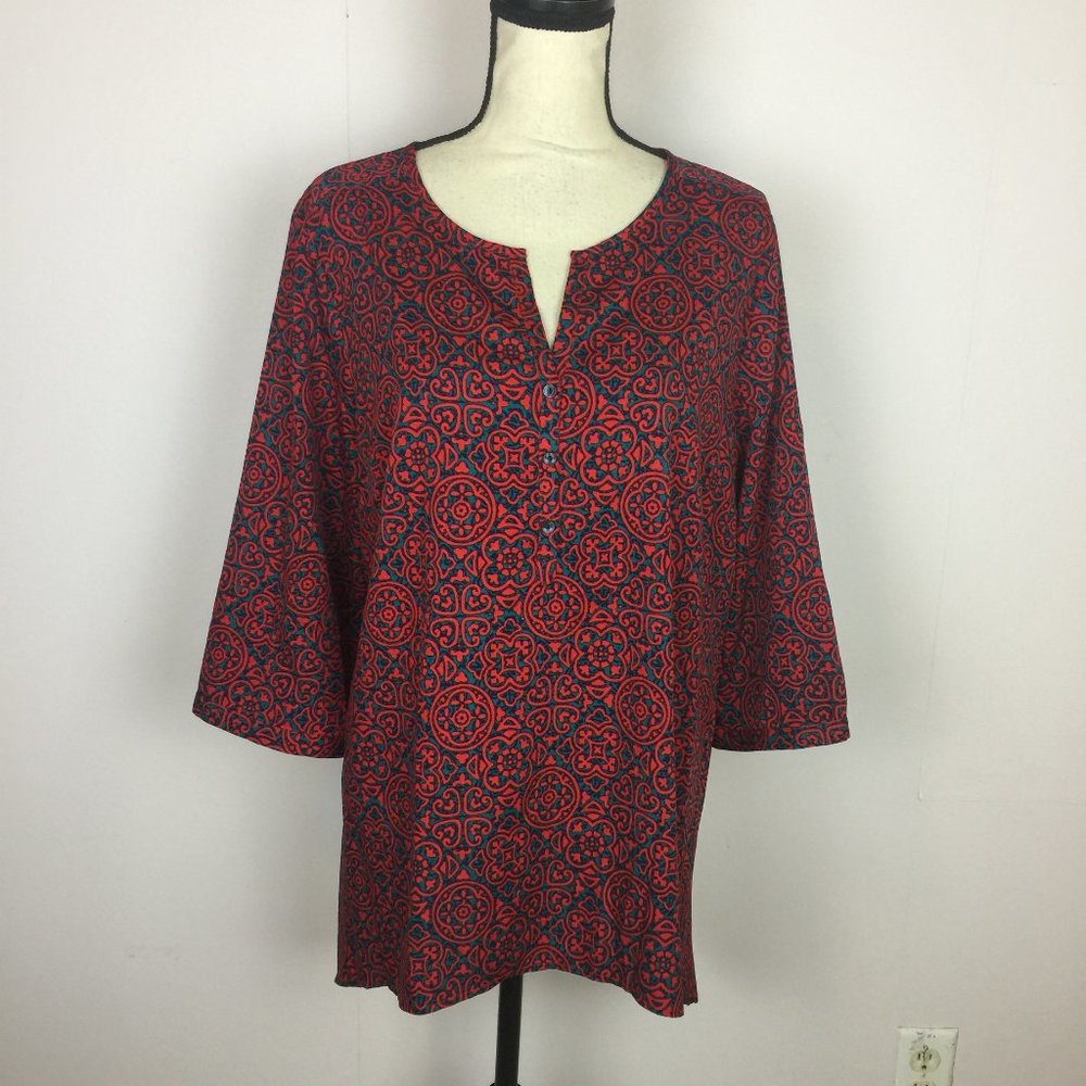 14th & Union Blouse Tunic Top Size 1X Womans Plus Red Blue Paisley 3/4 Sleeve